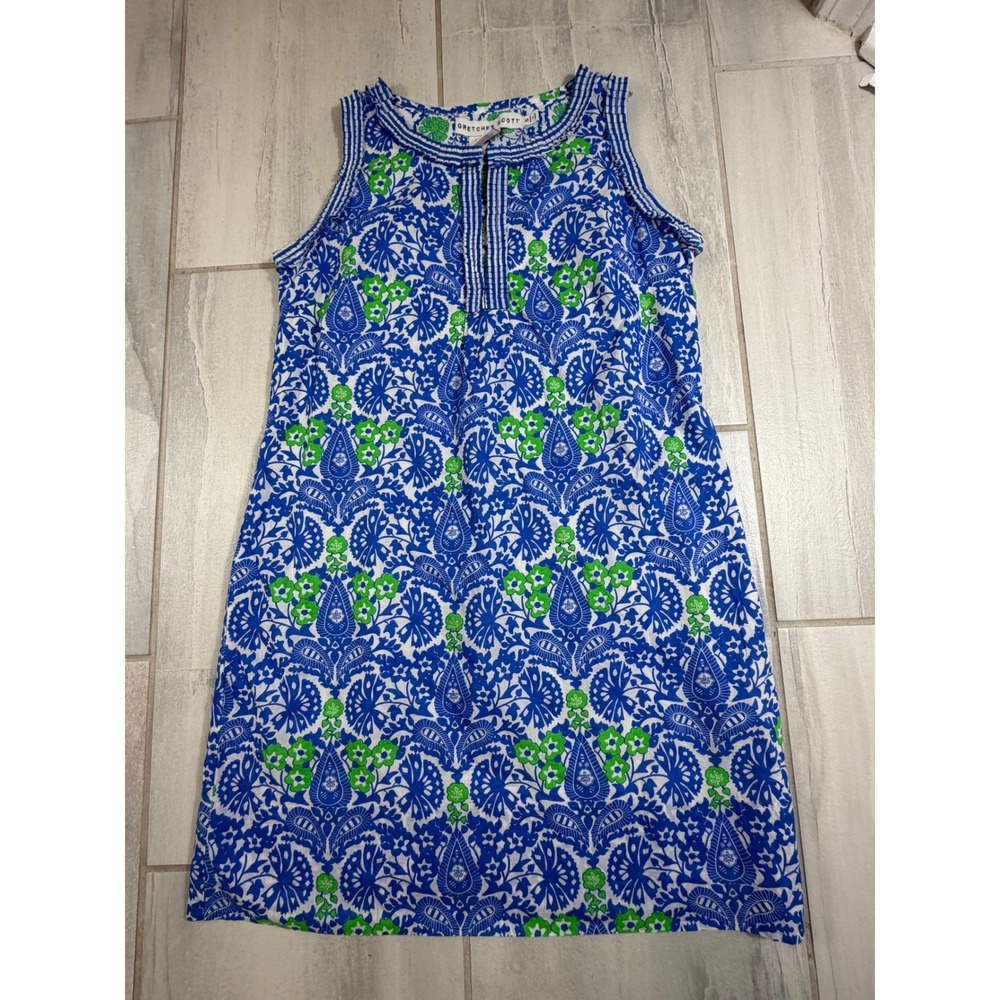 Gretchen Scott Blue Green Paisley Floral Cotton Shift Dress Sleeveless Small
